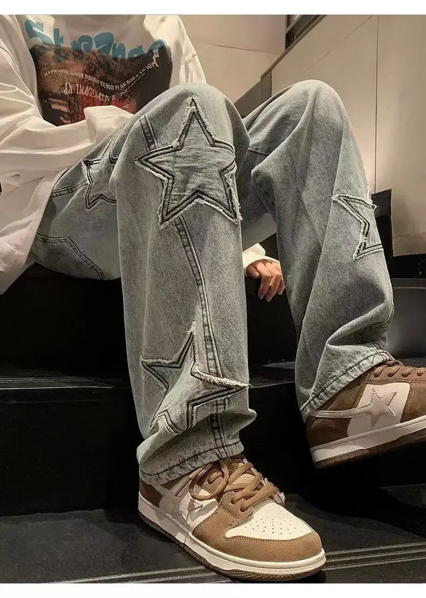American High Street Style Men's Jeans Autumn Winter Straight Leg Loose Floor-Length Wide Leg Pants Casual Fashion