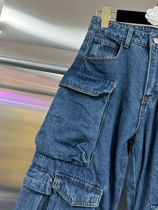 VGH Streetwear Loose Cargo Trousers for Women High Waist Spliced Pockets Washed Punk Style Wide Leg Pants Female Spring Clothes