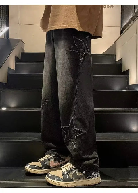 American High Street Style Men's Jeans Autumn Winter Straight Leg Loose Floor-Length Wide Leg Pants Casual Fashion