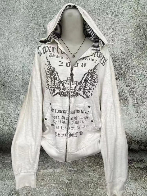 American Retro Print Punk Blouse Long Sleeves Y2k Top Women Hip Hop Zipper T-shirt Hooded Sweatshirt Spring European Fashion