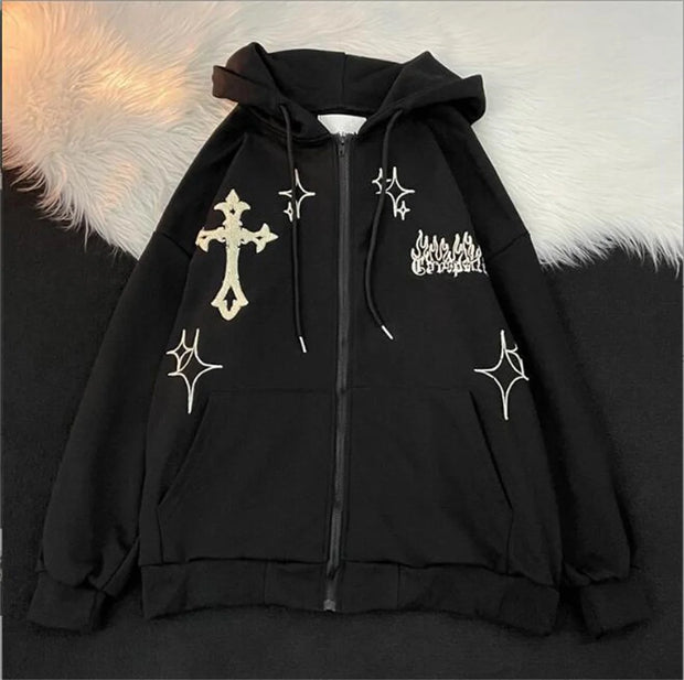 Embroidered Vintage Cardigan Jacket Autumn Winter Hip Hop Hoodie Men and Women Y2K Coat Goth High Street Retro Hoodies Loose Top