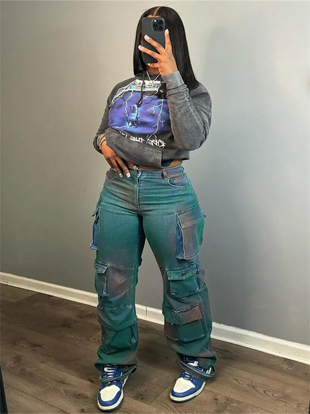Streetwear Jeans Pants Fall Clothes 2024 Women High Wasit Multi Pocket Straight Denim Pants Female Fashion Jean Trousers Bottoms