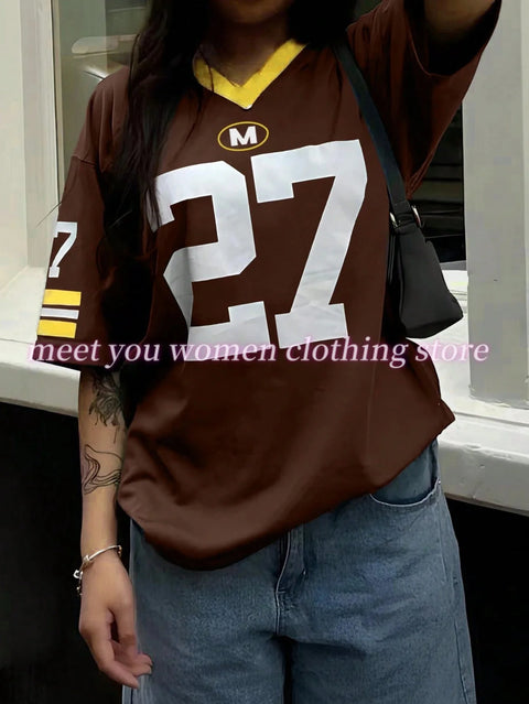 Number NO.27  Print Woman NO.36 T Shirt Girl Oversize Daily Top Female Creativity Streettshirt V-Neck T-Shirt Casual Clothes