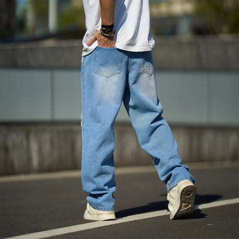New Streetwear Men Fashion print Loose Jeans Trousers High Quality Men's Solid Casual Straight Denim Pants