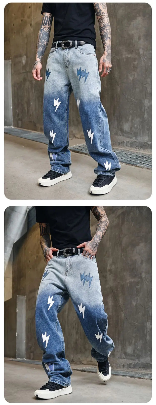 Trousers Straight Man Cowboy Pants with Print Men's Jeans Hip Hop Star Cotton 2025 Trend Stacked 90s Streetwear Y2k Vintage Kpop