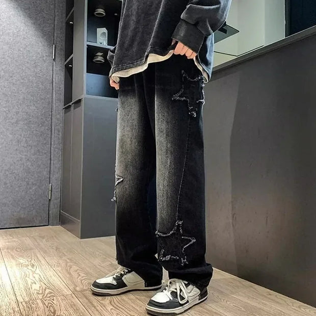 Hip Hop High Street Baggy Denim Trousers 2025 Men Star Embroidery Straight Casual Jeans Male New Fashion Straight Wide Leg Jeans