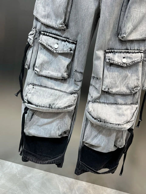 DEAT Fashion Gradient Multiple Pockets Design Jeans Women's Single Button High Waist Denim Pants 2025 Spring Female New 11XX4925