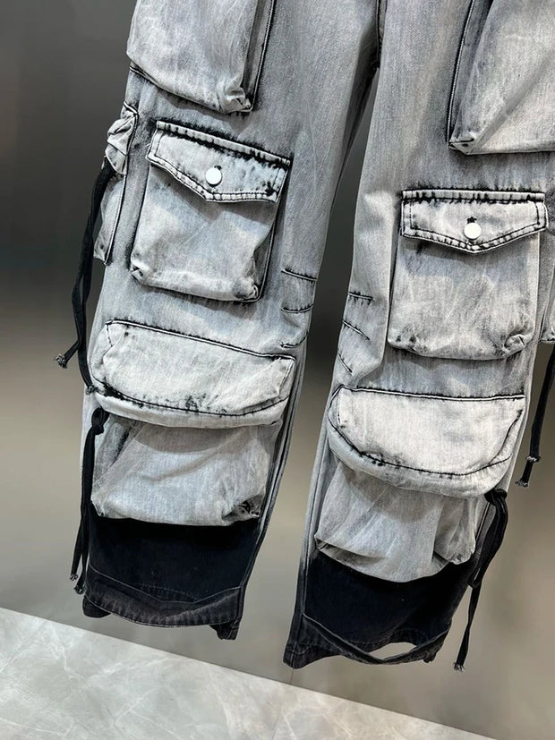 DEAT Fashion Gradient Multiple Pockets Design Jeans Women's Single Button High Waist Denim Pants 2025 Spring Female New 11XX4925