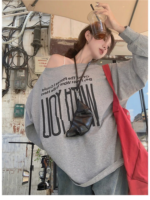T-Shirts Women Off-shoulder Loose Fit Lazy Style All-match Young Students High Street Korean Fashion Spring Daily Tops Trendy