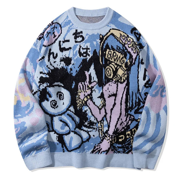 Men's China-Chic Vintage Funny Cartoon Autumn and Winter 2024 Loose Versatile Couple Round Neck Long Sleeve Knitted Sweater