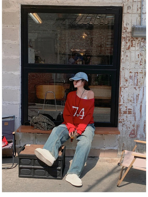 T-Shirts Women Off-shoulder Loose Fit Lazy Style All-match Young Students High Street Korean Fashion Spring Daily Tops Trendy