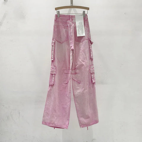 Pink Multi Pocket Overalls Jeans Female Y2K Punk Hip Hop Gothic Loose Fashion Jeans 2024 Autumn New American Retro High Street