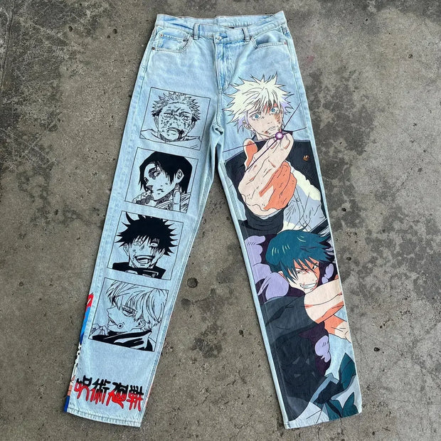 Harajuku Anime Graphic wide leg jeans High Waist Jeans Pants Women new Japanese Style Streetwear Y2K Jeans for Men Wide Trouser