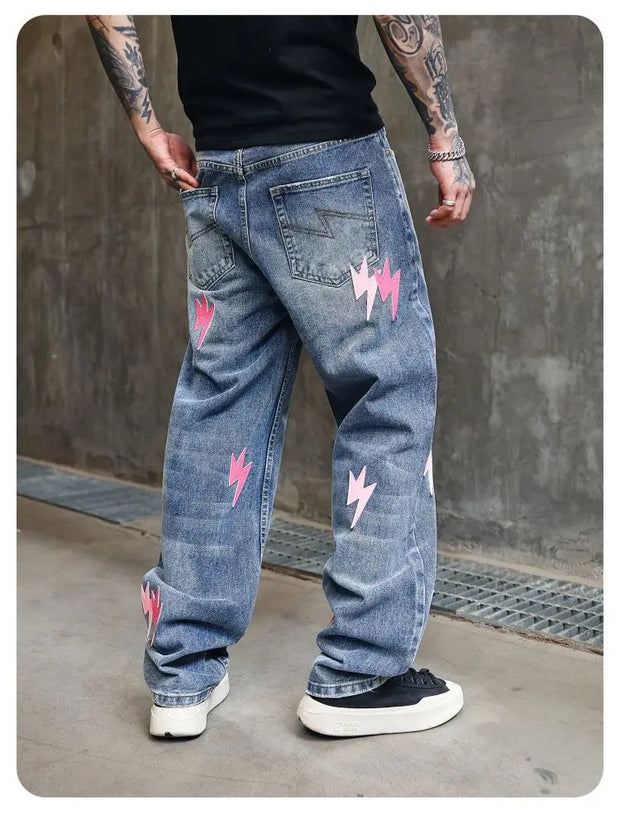 Trousers Straight Man Cowboy Pants with Print Men's Jeans Hip Hop Star Cotton 2025 Trend Stacked 90s Streetwear Y2k Vintage Kpop