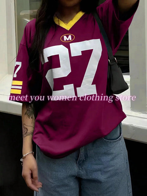 Number NO.27  Print Woman NO.36 T Shirt Girl Oversize Daily Top Female Creativity Streettshirt V-Neck T-Shirt Casual Clothes