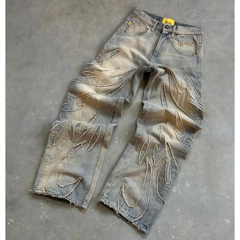 Y2K High Quality Vintage Jeans American Fashion Harajuku Flame Embroidery High Waist Wide Leg Jeans Men Women Hip Hop Streetwear