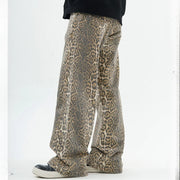 American Retro Leopard High Waist Baggy Jeans Womens Casual Pockets Hip-hop Pants 2024 Spring Y2K Oversize Panther Denim Trouser