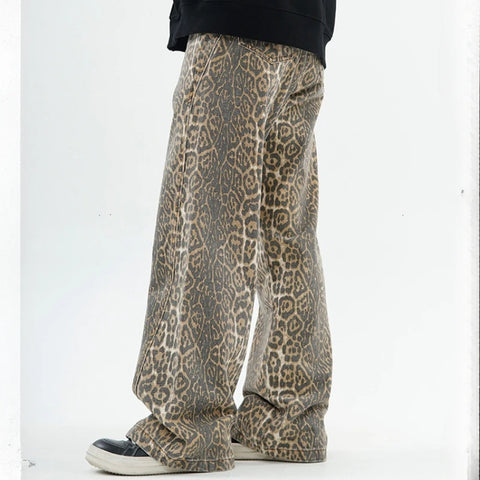 American Retro Leopard High Waist Baggy Jeans Womens Casual Pockets Hip-hop Pants 2024 Spring Y2K Oversize Panther Denim Trouser