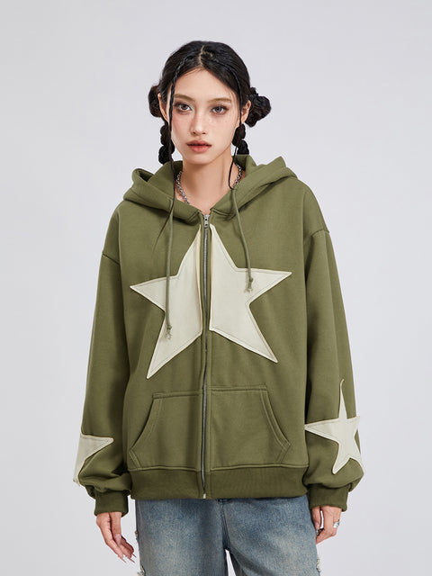 Winter Casual Hooded Coat Women Long Sleeve Star Print Zip Up Drawstring Hoodie Gothic Loose Outwear