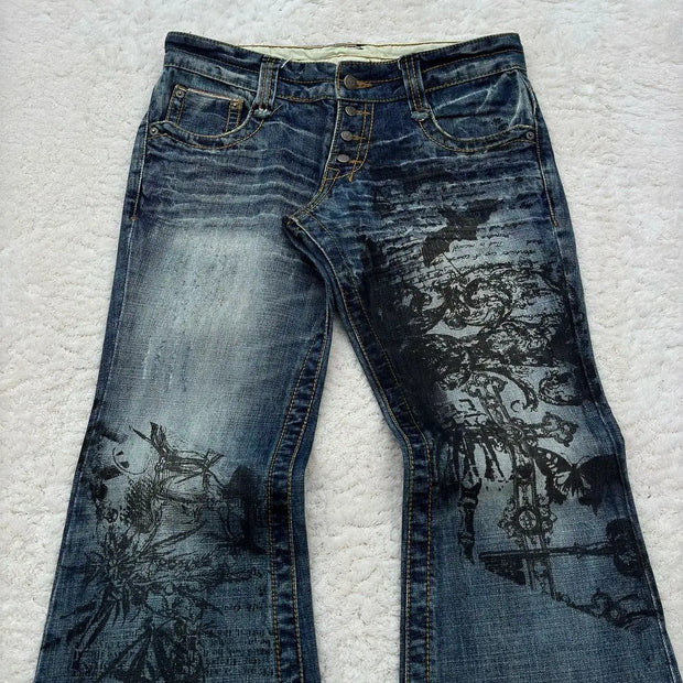 Harajuku Retro Graffiti Women's Jeans Goth Hip Hop High Waist Punk Fashion Y2K Flare Pants High Quality Design Sense Trousers