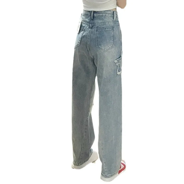 Blue Embroidered Jeans Women, Spring and Autumn New Design, Niche Loose Straight Wide-Leg Pants Trend