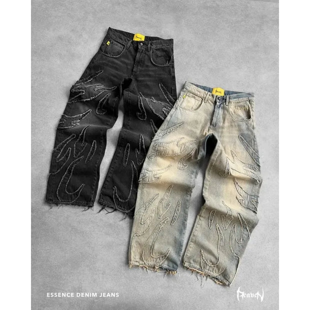 Y2K High Quality Vintage Jeans American Fashion Harajuku Flame Embroidery High Waist Wide Leg Jeans Men Women Hip Hop Streetwear
