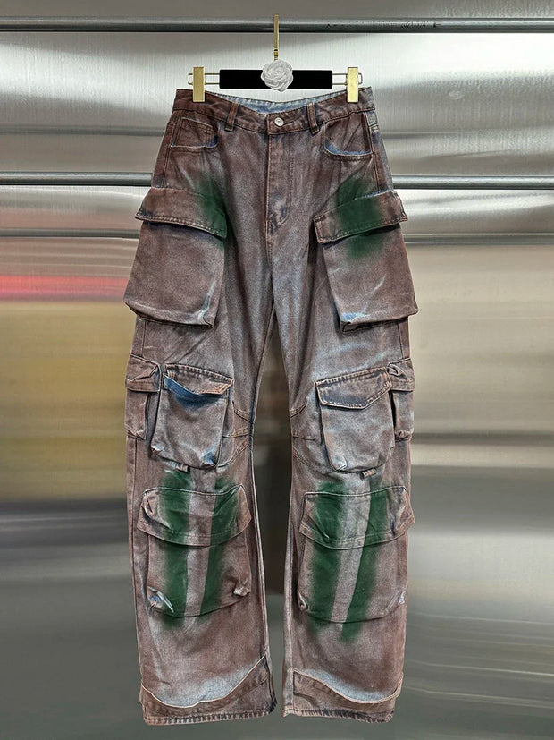 VGH Streetwear Loose Cargo Trousers for Women High Waist Spliced Pockets Washed Punk Style Wide Leg Pants Female Spring Clothes