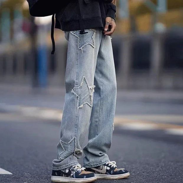 Hip Hop High Street Baggy Denim Trousers 2025 Men Star Embroidery Straight Casual Jeans Male New Fashion Straight Wide Leg Jeans