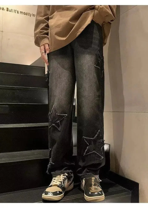 American High Street Style Men's Jeans Autumn Winter Straight Leg Loose Floor-Length Wide Leg Pants Casual Fashion