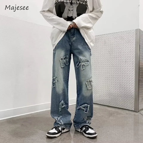 Jeans for Men Patchwork Letter Hip Hop Straight Wide Leg Fashion High Street Y2k Harajuku Do-old Popular Shopper Gradient Baggy