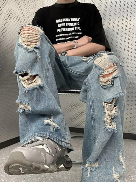 Vintage Distressed Straight-leg Jeans American Style Slimming Bell Bottoms Loose Fit High-waisted Summer Thin Version For Men
