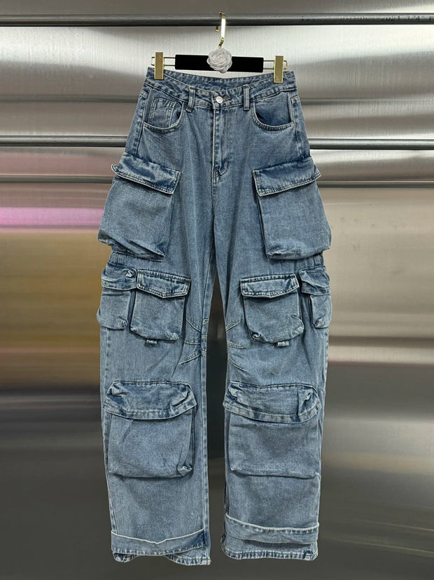 VGH Streetwear Loose Cargo Trousers for Women High Waist Spliced Pockets Washed Punk Style Wide Leg Pants Female Spring Clothes