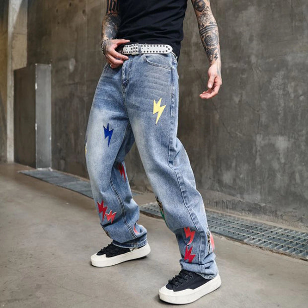 Trousers Straight Man Cowboy Pants with Print Men's Jeans Hip Hop Star Cotton 2025 Trend Stacked 90s Streetwear Y2k Vintage Kpop