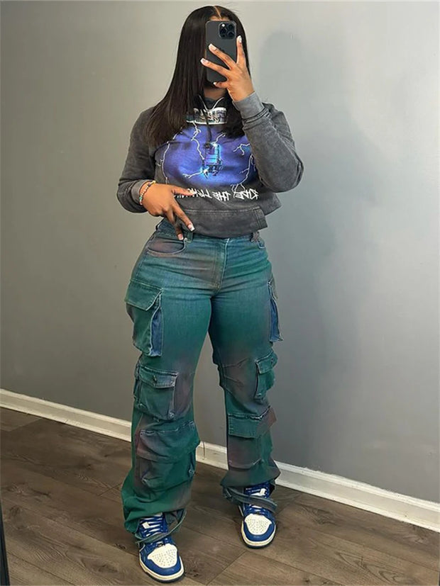 Streetwear Jeans Pants Fall Clothes 2024 Women High Wasit Multi Pocket Straight Denim Pants Female Fashion Jean Trousers Bottoms