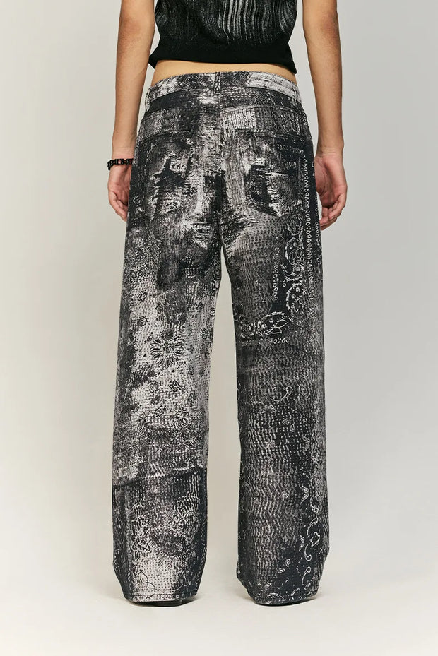 Retro Cashew Flower Digital Print Jeans Y2k Men’s Jeans Men Clothing Distressed Pants