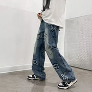 Jeans for Men Patchwork Letter Hip Hop Straight Wide Leg Fashion High Street Y2k Harajuku Do-old Popular Shopper Gradient Baggy