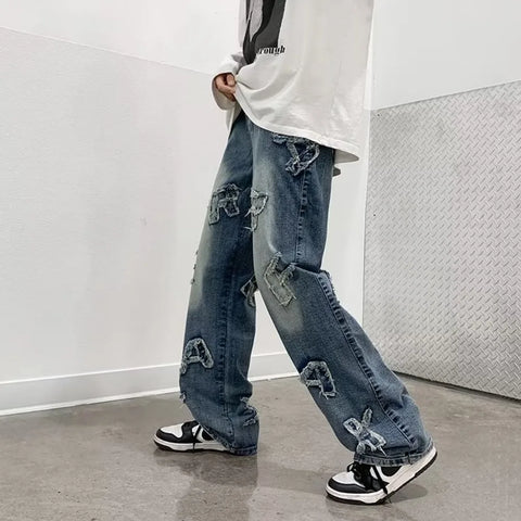 Jeans for Men Patchwork Letter Hip Hop Straight Wide Leg Fashion High Street Y2k Harajuku Do-old Popular Shopper Gradient Baggy