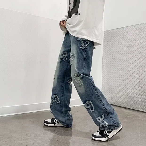 Jeans for Men Patchwork Letter Hip Hop Straight Wide Leg Fashion High Street Y2k Harajuku Do-old Popular Shopper Gradient Baggy