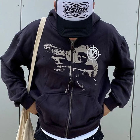 Y2K Rhinestone Cobweb Zip Up Oversized Sweatshirt 2022 Autumn Goth Hoodie Men Women Grunge Hooded Jacket Streetwear Y2K Clothing