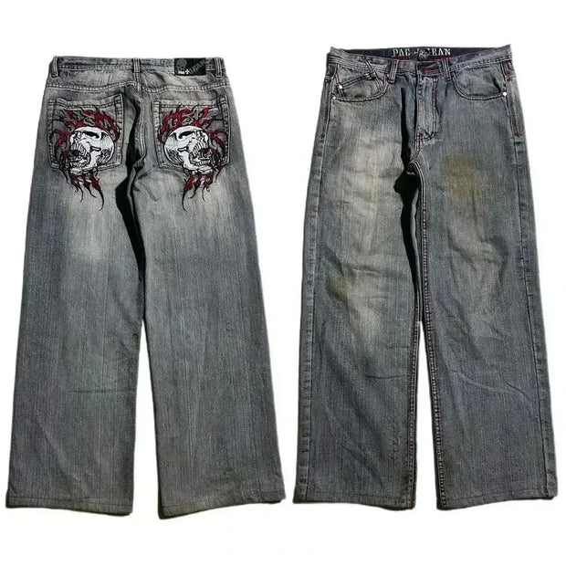Y2K Washed Distressed Black Gray Jeans Men Women Harajuku Vintage Skull Graphic Embroidered Jeans Streetwear High Waist Trousers