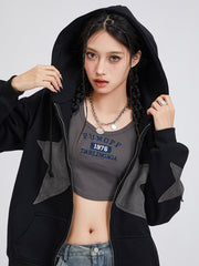 Winter Casual Hooded Coat Women Long Sleeve Star Print Zip Up Drawstring Hoodie Gothic Loose Outwear