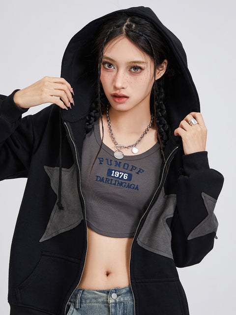 Winter Casual Hooded Coat Women Long Sleeve Star Print Zip Up Drawstring Hoodie Gothic Loose Outwear