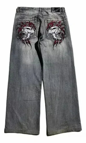 Y2K Washed Distressed Black Gray Jeans Men Women Harajuku Vintage Skull Graphic Embroidered Jeans Streetwear High Waist Trousers