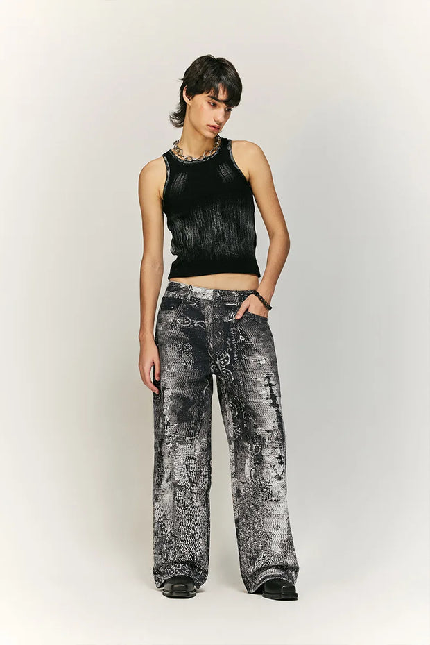 Retro Cashew Flower Digital Print Jeans Y2k Men’s Jeans Men Clothing Distressed Pants