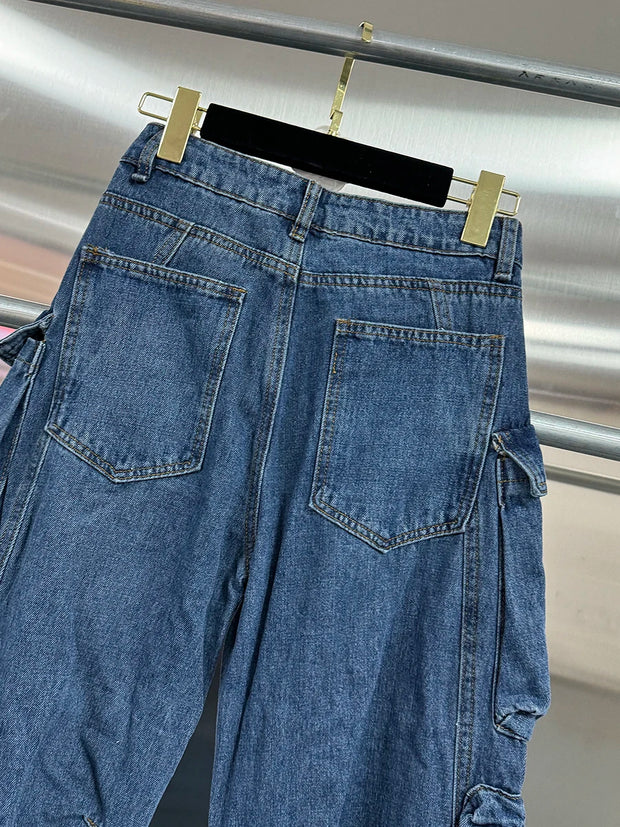 VGH Streetwear Loose Cargo Trousers for Women High Waist Spliced Pockets Washed Punk Style Wide Leg Pants Female Spring Clothes