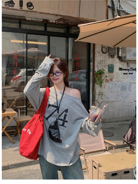T-Shirts Women Off-shoulder Loose Fit Lazy Style All-match Young Students High Street Korean Fashion Spring Daily Tops Trendy