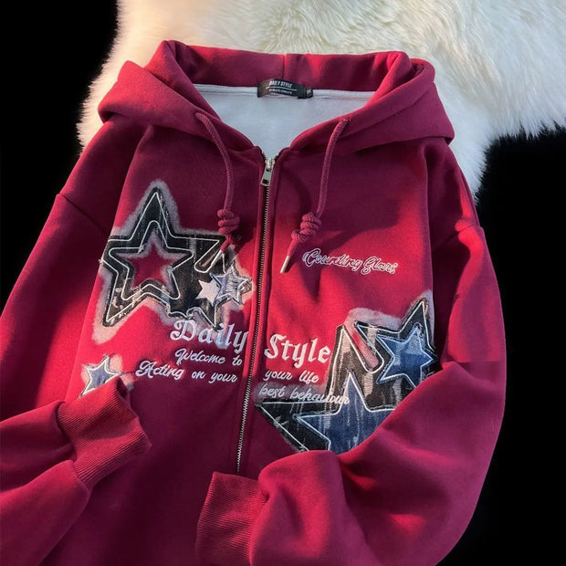 Aesthetic Star Print Cardigan Zip Up Sweatshirt Men Women Autumn Winter Loose Tide Brand Couple Hooded Zip Jacket Harajuku Y2k