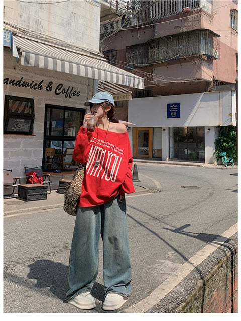 T-Shirts Women Off-shoulder Loose Fit Lazy Style All-match Young Students High Street Korean Fashion Spring Daily Tops Trendy
