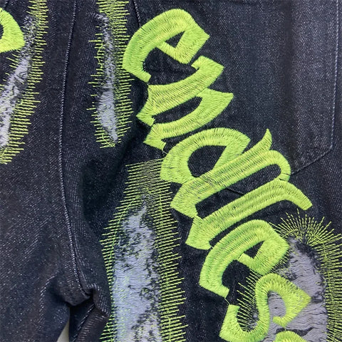 Letter Embroidery Jeans for Men High Street Gothic Style Streetwear Men Straight Baggy Causal Denim Trousers Unisex Spring