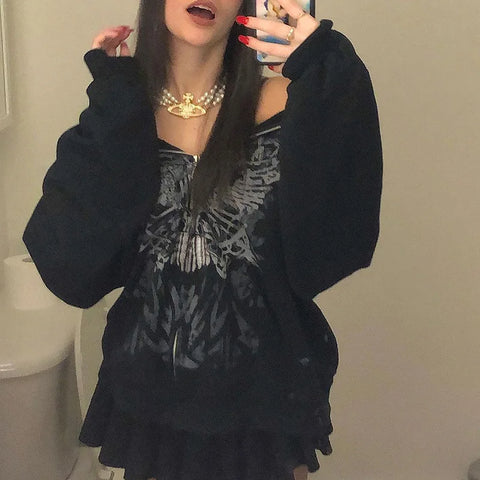 Y2K Rhinestone Cobweb Zip Up Oversized Sweatshirt 2022 Autumn Goth Hoodie Men Women Grunge Hooded Jacket Streetwear Y2K Clothing